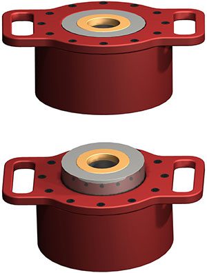 A pair of red bearings on a white background.