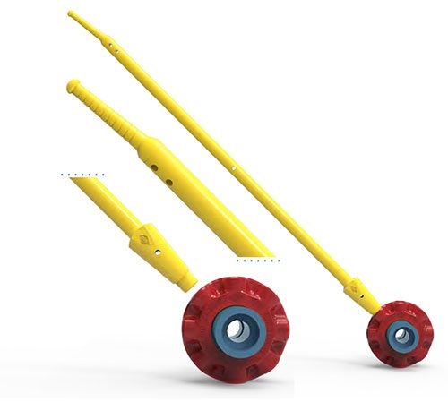 A yellow and blue wheeled tool with a red handle.