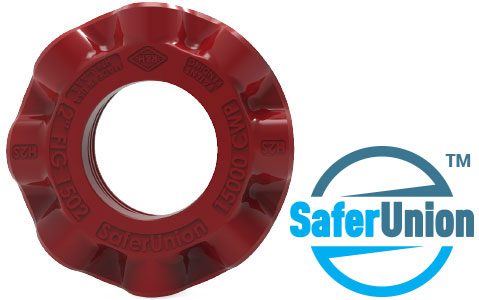 A red plastic ring with the word safe union on it.